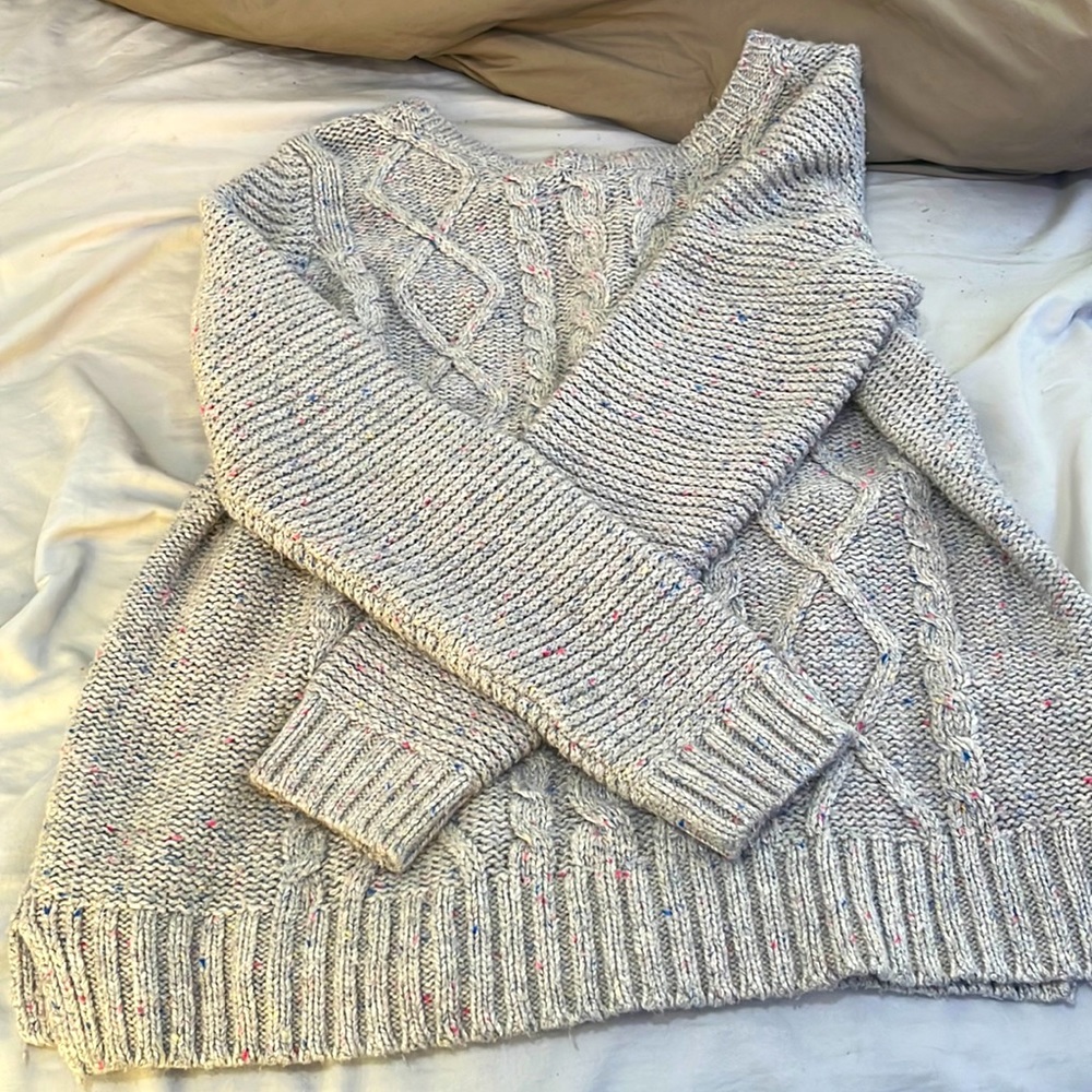 sweater, grey with pink and blue splotches